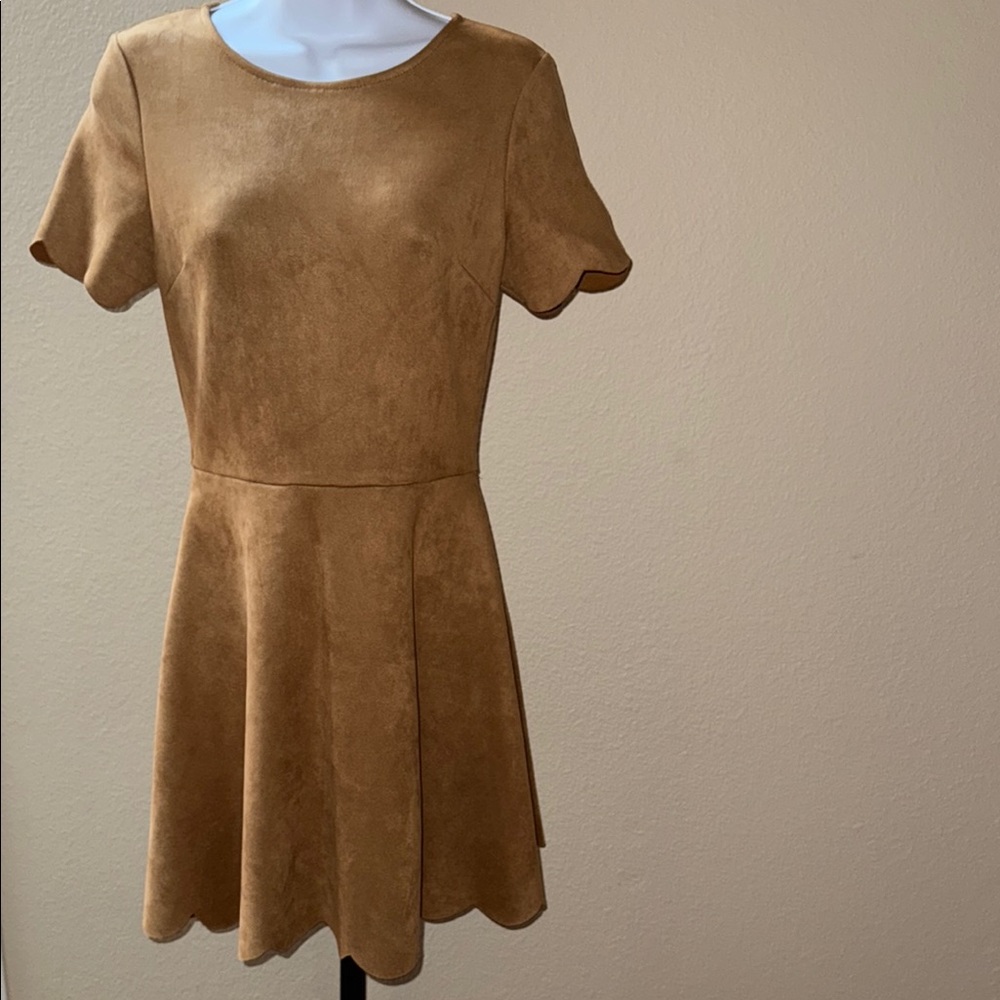 Aqua Tan Fit Flare Faux Suede Mini Dress Short Sleeve Crew Neck Scallop Hem L
